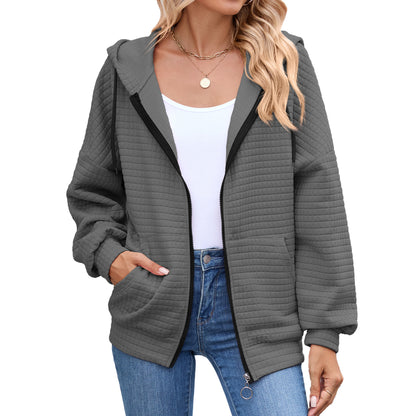 New Solid-color Zip-up Long-sleeve Hoodie With A Hood And Pockets For Women