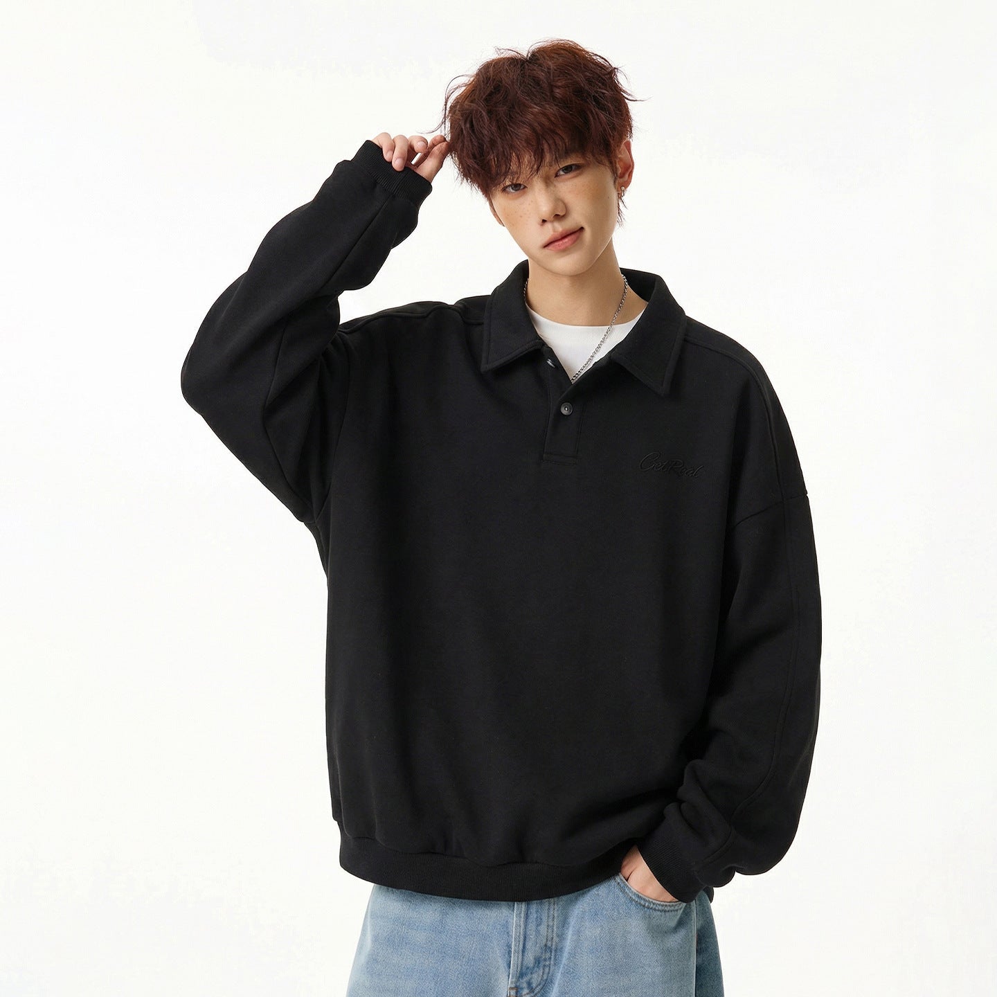 Letter-printed Lapel-button Long-sleeve Hoodie