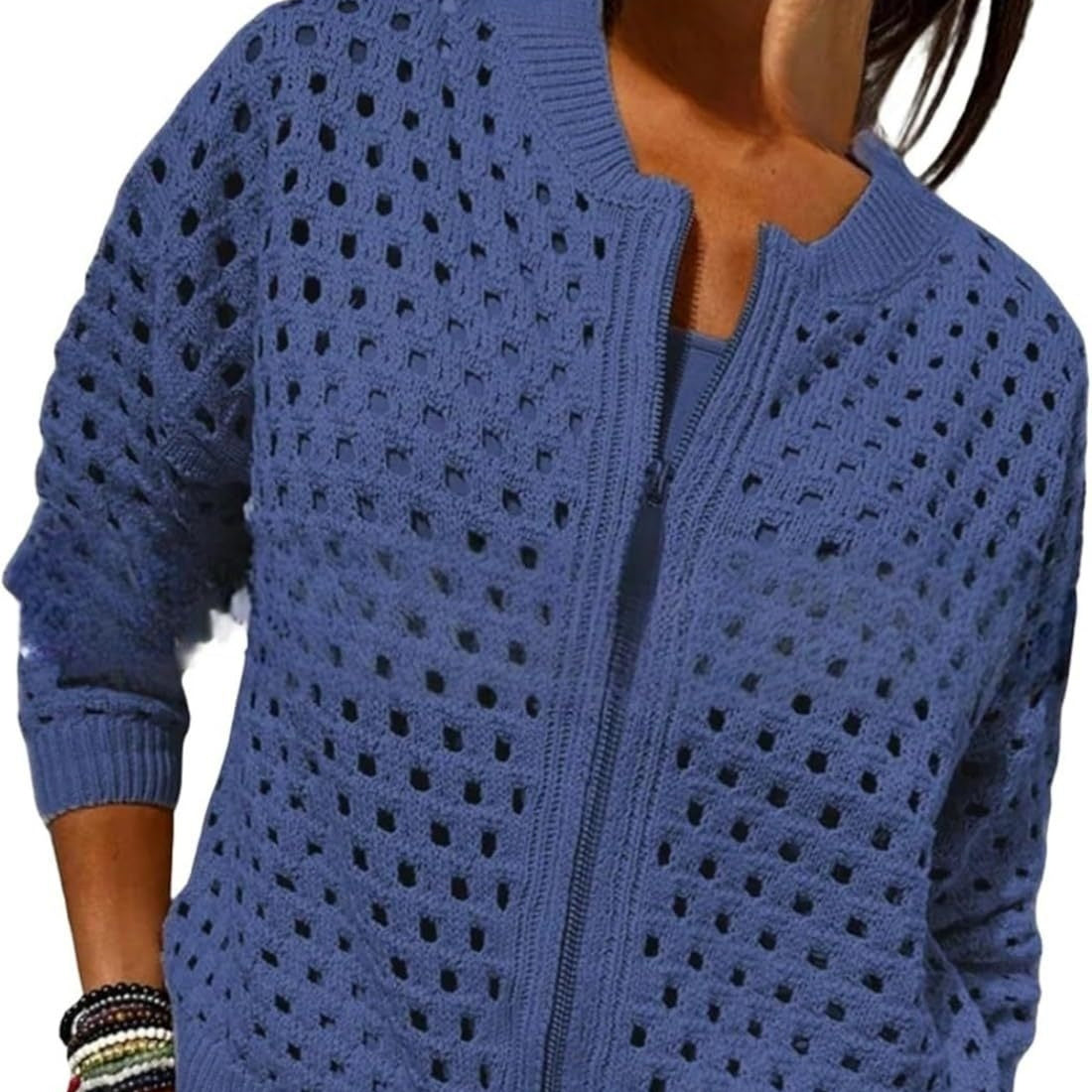 Womens Knitted Hollow-Out Crew-Neck Jacket With Zipper