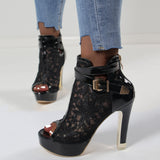 Lace-Trimmed Buckle Fish-mouth Chunky Heel Sandals Womens