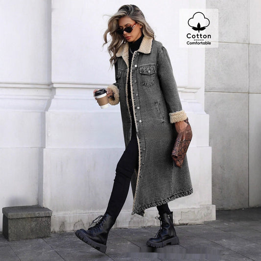Womens Loose, Long, Fleece-lined Cotton Denim Jacket
