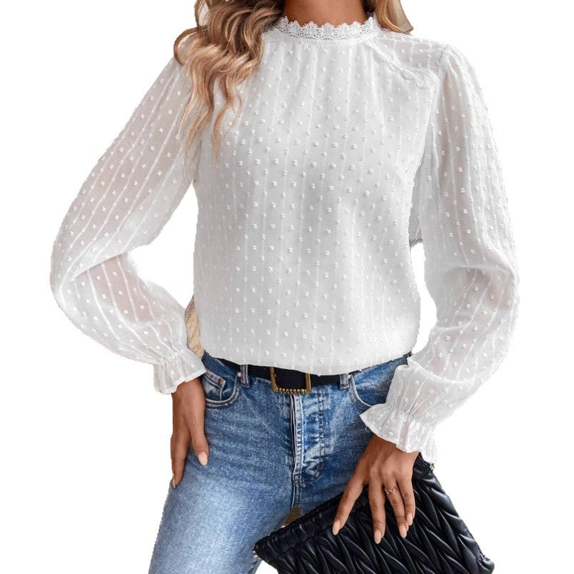 Womens Solid-Color Elegant Lace-trimmed Crew-neck Long-sleeve Shirt