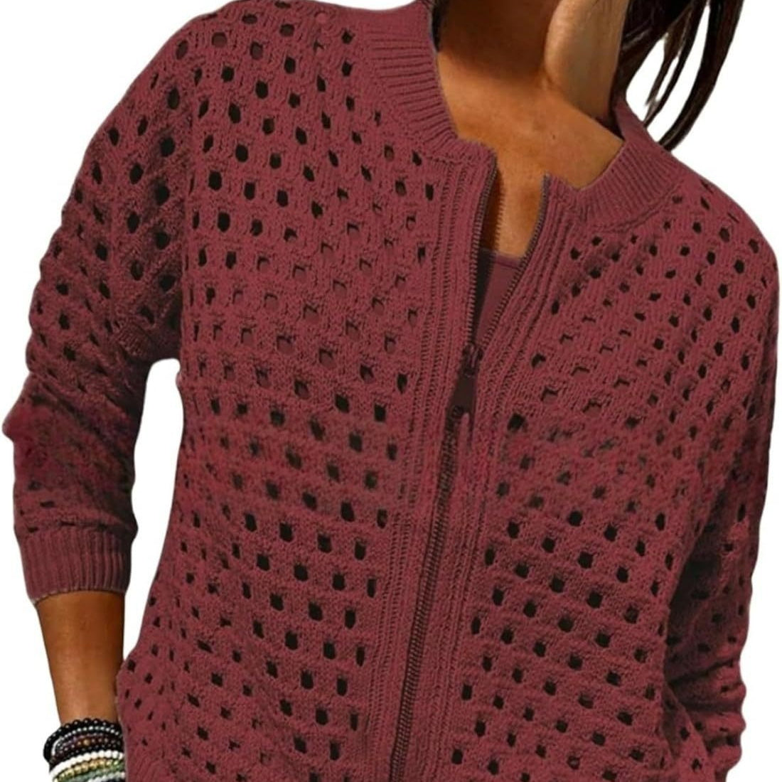 Womens Knitted Hollow-Out Crew-Neck Jacket With Zipper