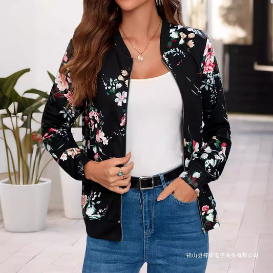 Womens Casual Long-sleeve Printed Cardigan Jacket