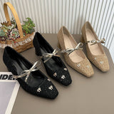 2026 New Women's Square Toe Bowknot Woven Mary Jane Chunky Heel Pumps