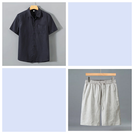 Men's Pure Linen Shorts and Short Sleeve Shirt Set - Summer Loose Casual Lightweight Outfit