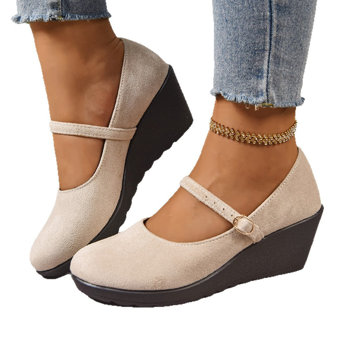 Solid-color Thick-soled Low-cut Comfortable Suede Round-toe Womens Shoes