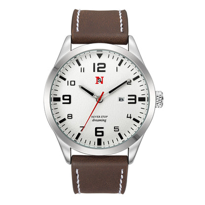 Mens Quartz Watch With A Leather Strap Large Dial And Calendar