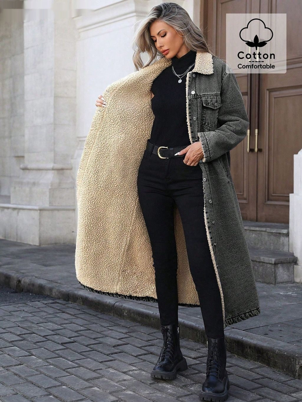 Womens Loose, Long, Fleece-lined Cotton Denim Jacket