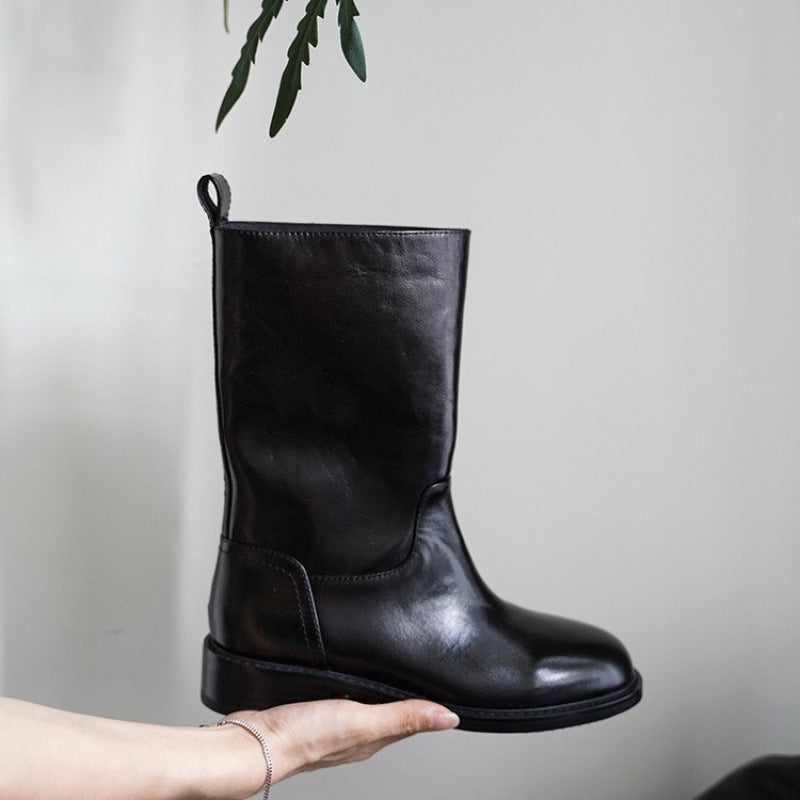 Genuine Leather Mid-calf Vintage Straight-leg Riding Single-layer Boots