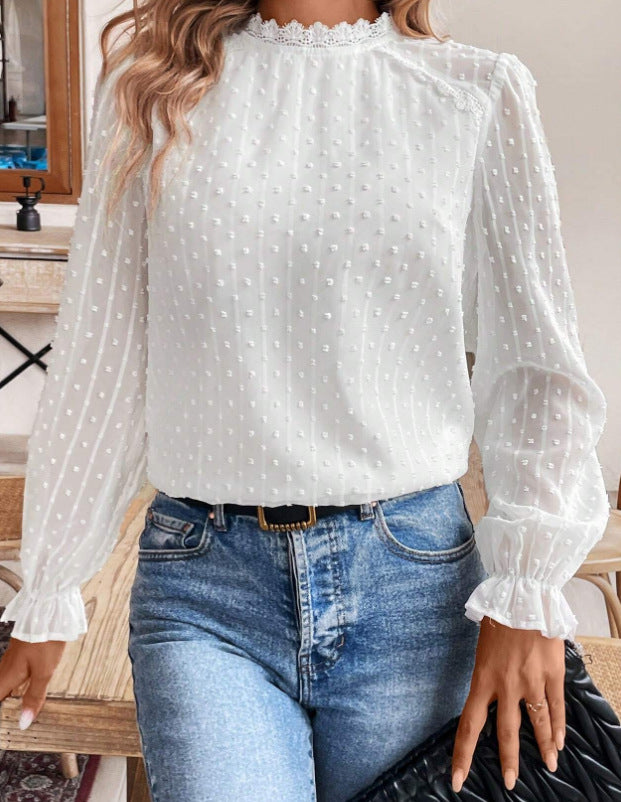 Womens Solid-Color Elegant Lace-trimmed Crew-neck Long-sleeve Shirt