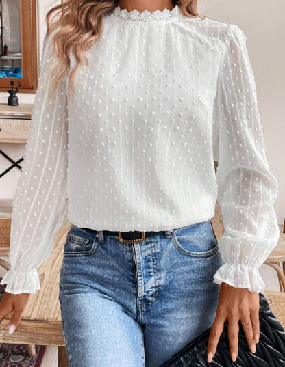 Womens Solid-Color Elegant Lace-trimmed Crew-neck Long-sleeve Shirt