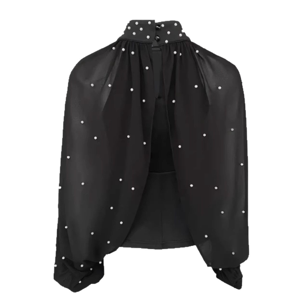 Womens Mesh Long-sleeve Thong Top With Puffed Sleeves And Beaded Detailing