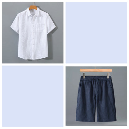 Men's Pure Linen Shorts and Short Sleeve Shirt Set - Summer Loose Casual Lightweight Outfit