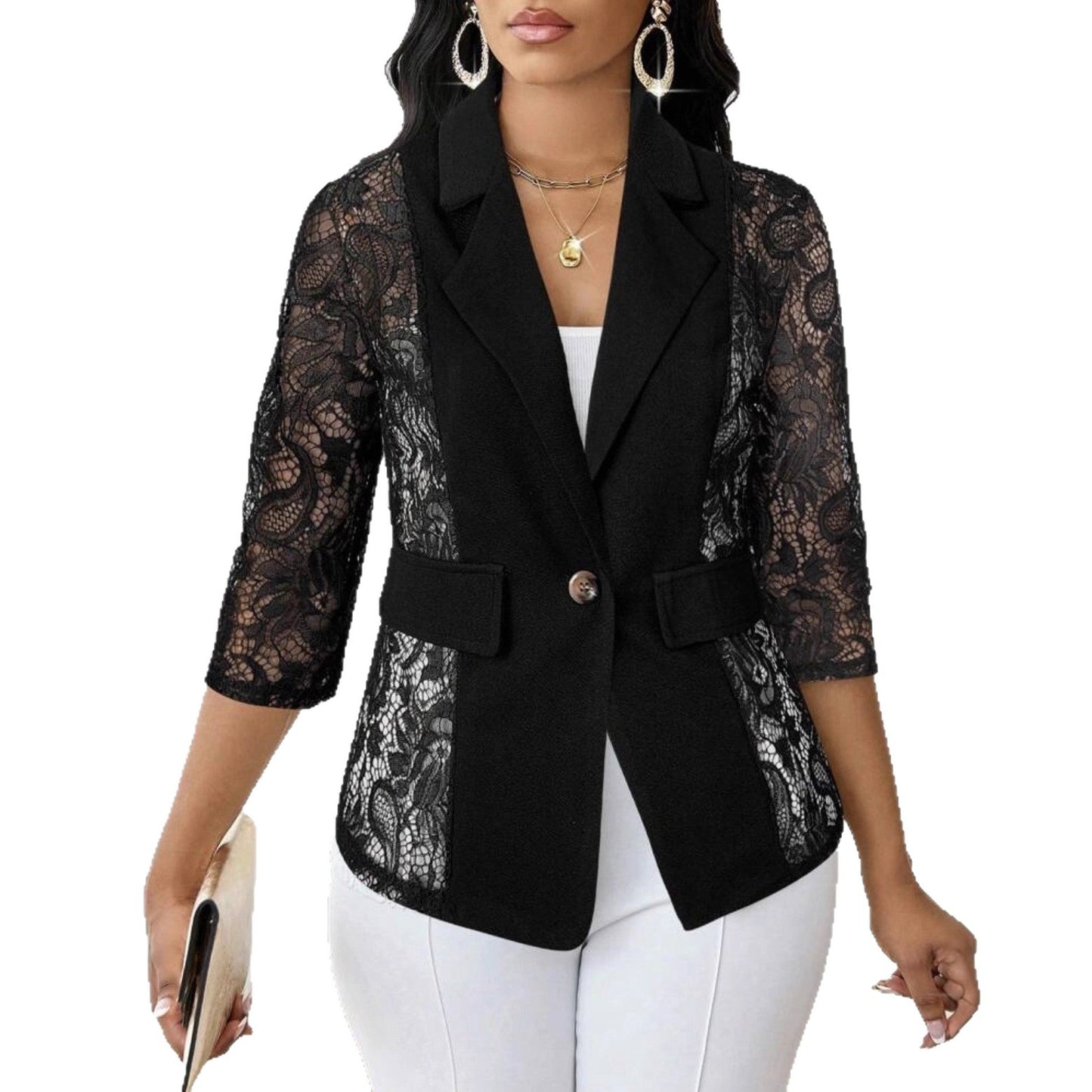 Womens Solid-Color Lace Hollowed-Out Three-Quarter-Sleeve Casual Jacket
