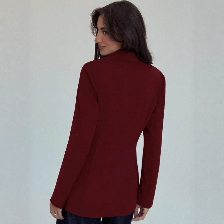 Womens Solid-Color V-Neck Elegant Slim-Fit Blazer