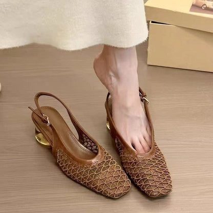 2025 French Retro Square Toe Mesh Hollow Block Heel Mary Jane Sandals For Women