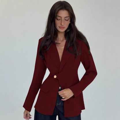 Womens Solid-Color V-Neck Elegant Slim-Fit Blazer