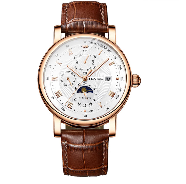 Men's Mechanical With Tourbillon High-End Moon Phase And Starry Sky Design Water-Resistant Watch