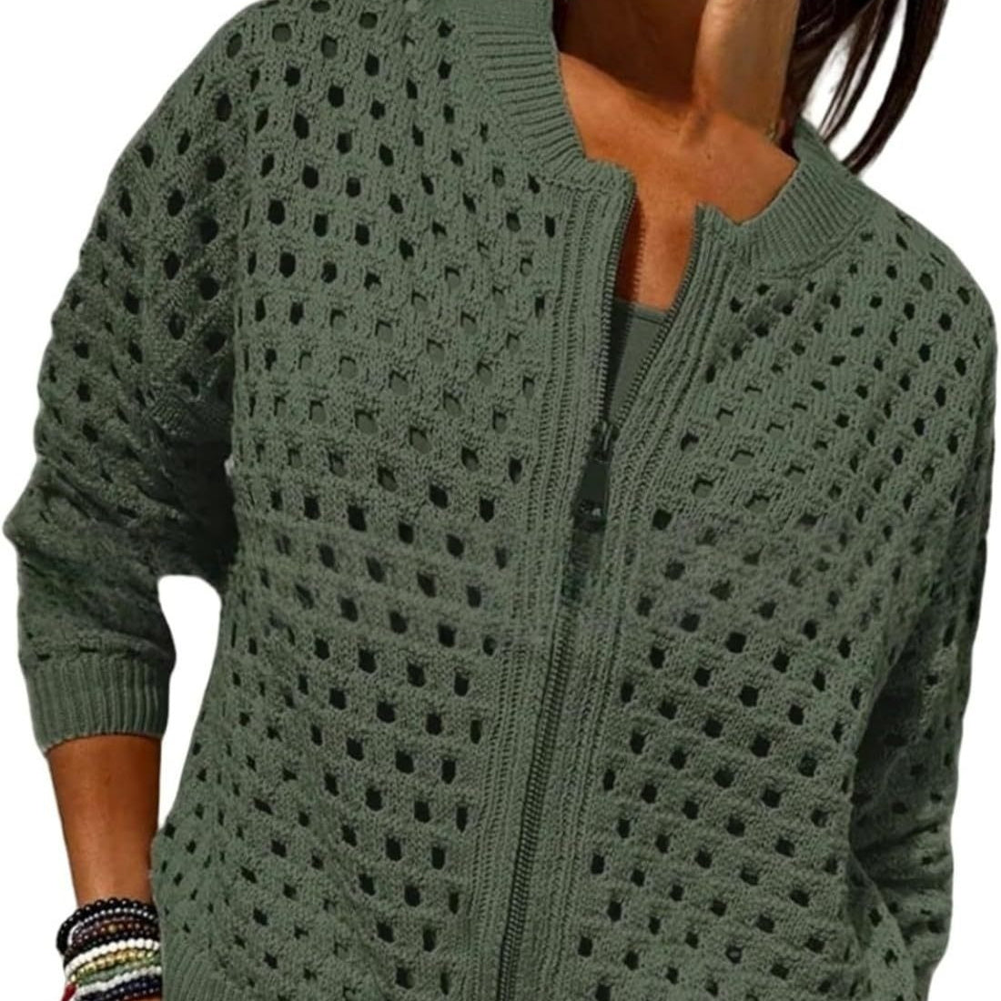 Womens Knitted Hollow-Out Crew-Neck Jacket With Zipper