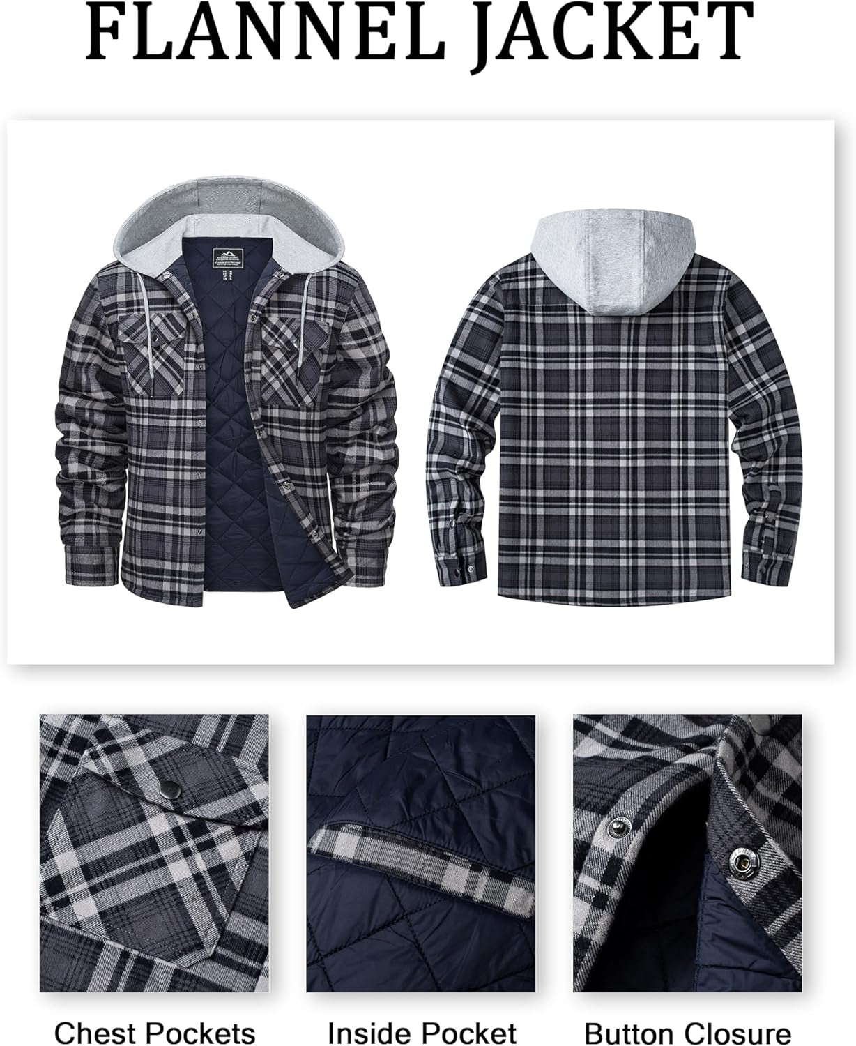Men'S Quilted Lined Flannel Hoodie Jacket Cotton Button down Shirt Jacket Long Sleeve Plaid Shirt Shacket