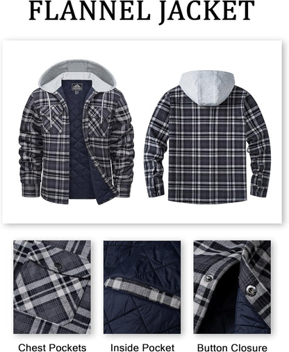 Men'S Quilted Lined Flannel Hoodie Jacket Cotton Button down Shirt Jacket Long Sleeve Plaid Shirt Shacket