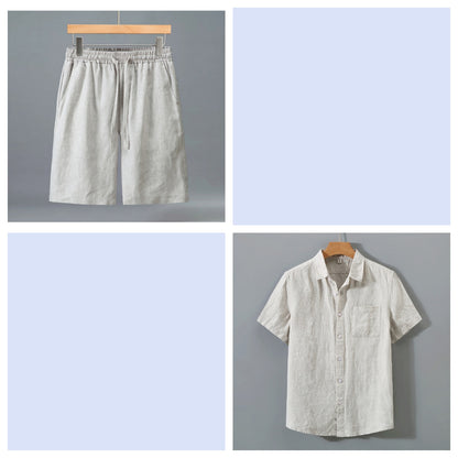 Men's Pure Linen Shorts and Short Sleeve Shirt Set - Summer Loose Casual Lightweight Outfit