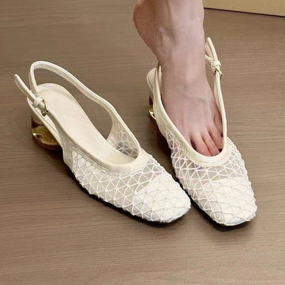 2025 French Retro Square Toe Mesh Hollow Block Heel Mary Jane Sandals For Women