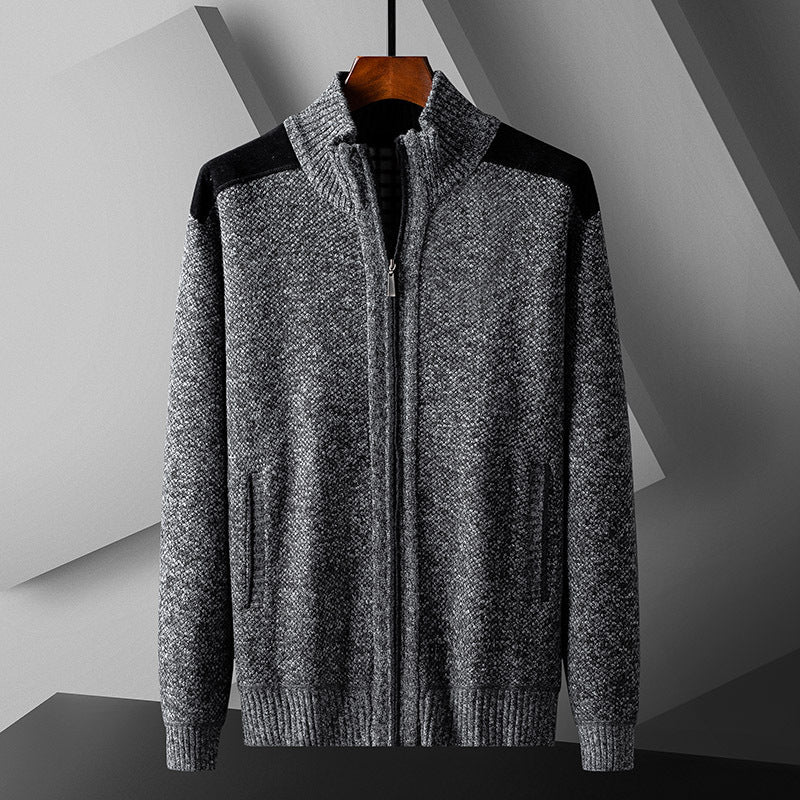Mens Warm Knitted Cardigan With A Patchwork Stand-Up Collar Design Coat