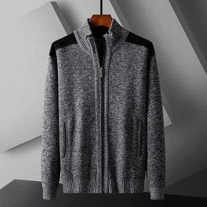 Mens Warm Knitted Cardigan With A Patchwork Stand-Up Collar Design Coat
