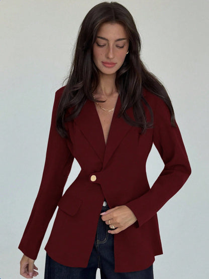 Womens Solid-Color V-Neck Elegant Slim-Fit Blazer