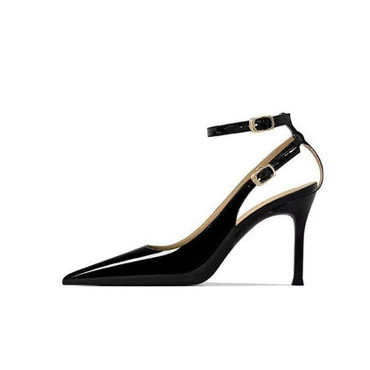 Women's Minimalist European & American Style Pointed Toe Patent Leather Stiletto Sandals, Ankle Strap, Slim Fit, Sexy Nightclub Shoes