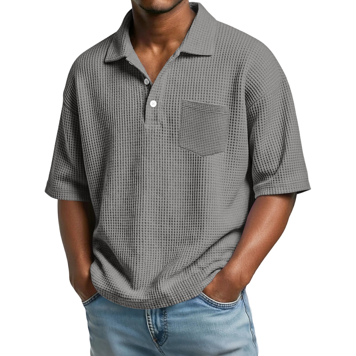 Men's Waffle-Weave Solid Color Short-Sleeve Lapel Polo Shirt