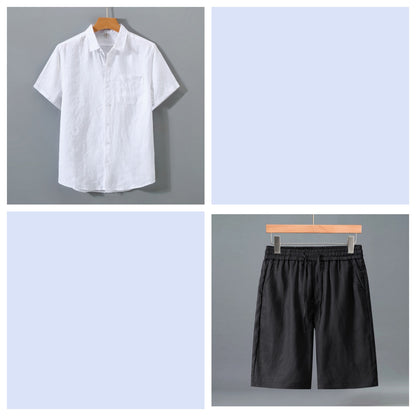Men's Pure Linen Shorts and Short Sleeve Shirt Set - Summer Loose Casual Lightweight Outfit
