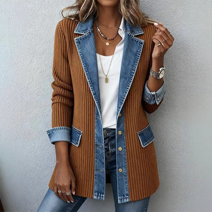 Womens Casual Denim Patchwork Ribbed Lapel Jacket Suit