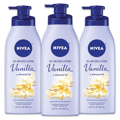 Oil Infused Vanilla and Almond Oil Body Lotion for Women, Fast-Absorbing and Non-Greasy Vanilla Scented Lotion Moisturizes for 48 Hours, 16.9 Fl Oz Pump Bottle, Pack of 3