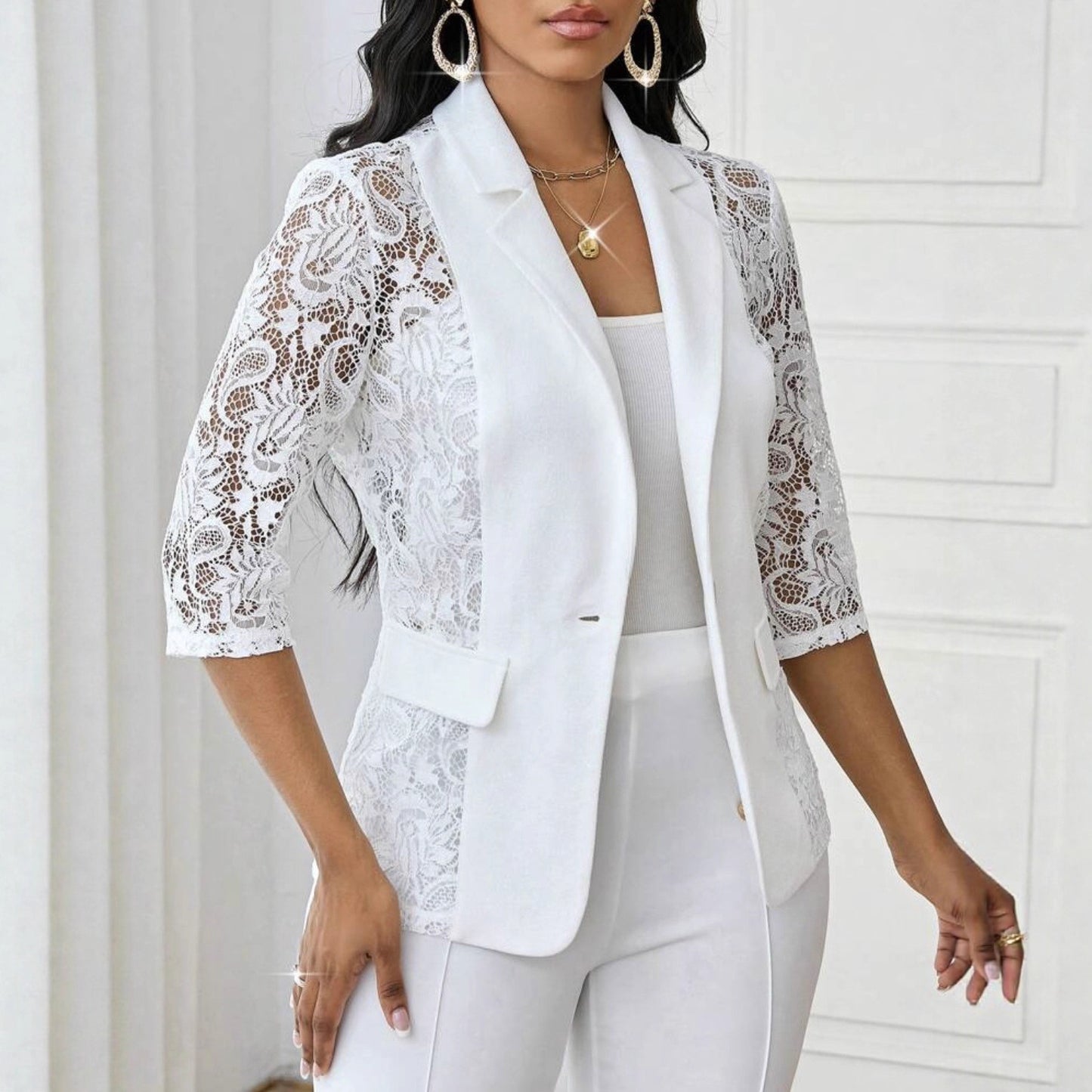Womens Solid-Color Lace Hollowed-Out Three-Quarter-Sleeve Casual Jacket