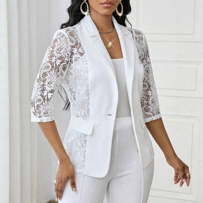 Womens Solid-Color Lace Hollowed-Out Three-Quarter-Sleeve Casual Jacket