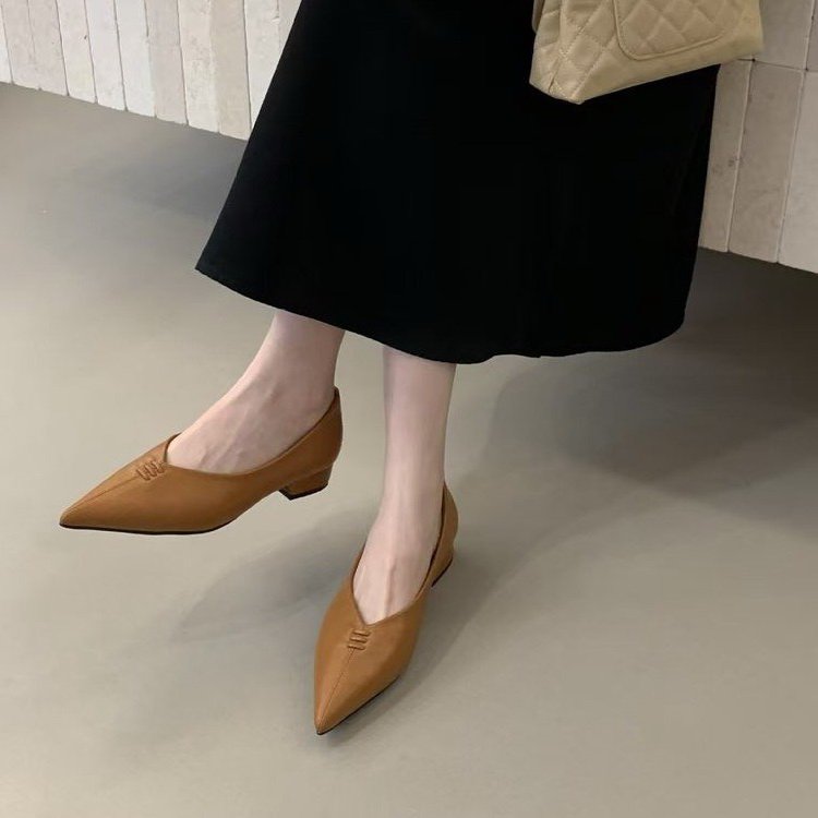 2026 New Spring & Autumn French Niche Design Pointed-Toe Chunky Low Heel Slip-On Pumps For Women, Versatile Elegant Office Style