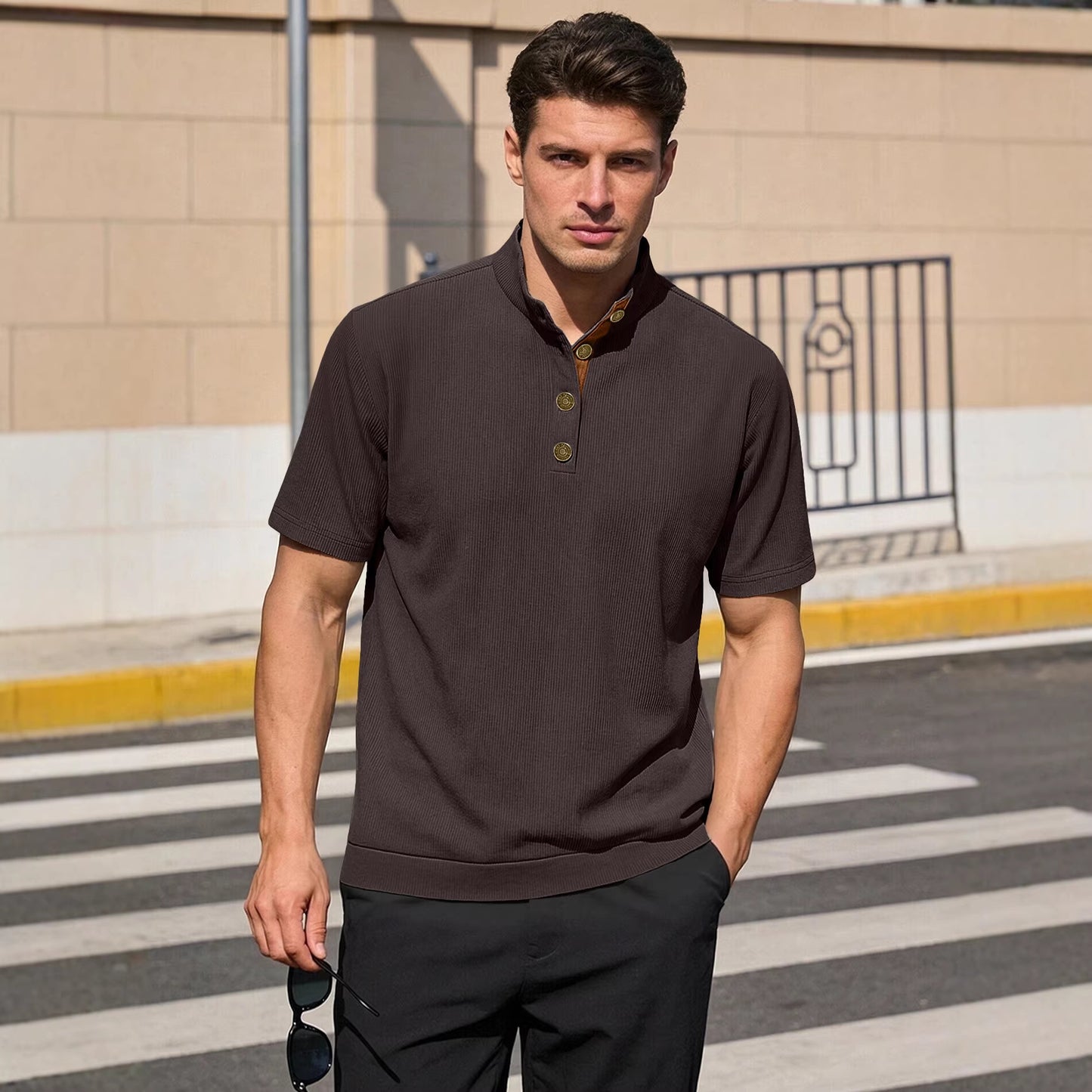 Men's Casual Stand-Up Collar Short-Sleeve Corduroy Knitted Pullover Shirt