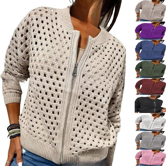 Womens Knitted Hollow-Out Crew-Neck Jacket With Zipper