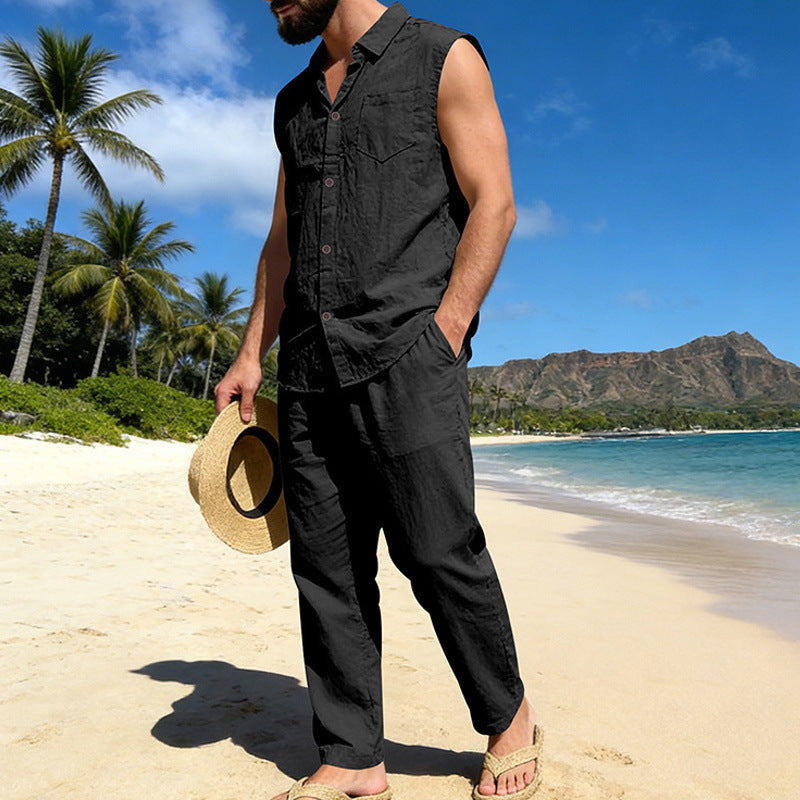 Mens Loose Linen Casual Sleeveless Shirt And Straight-Leg Pants Set