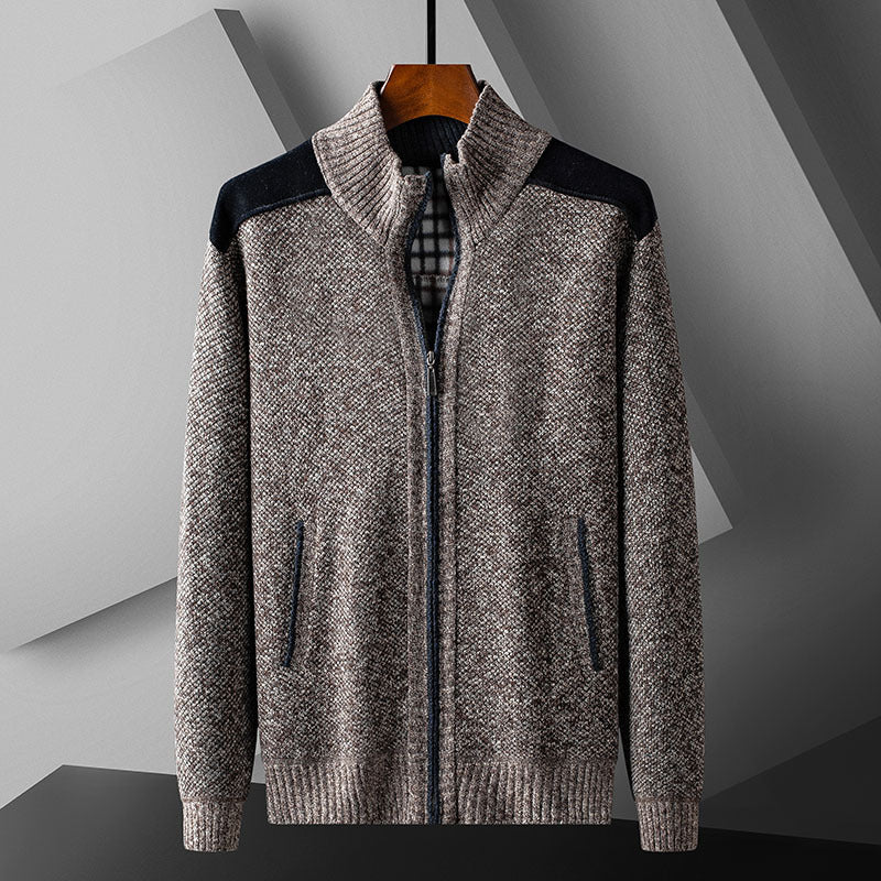 Mens Warm Knitted Cardigan With A Patchwork Stand-Up Collar Design Coat
