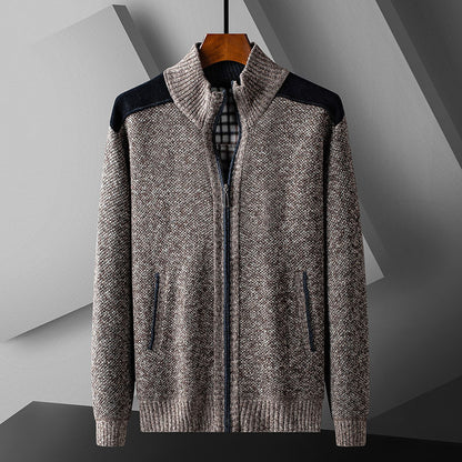 Mens Warm Knitted Cardigan With A Patchwork Stand-Up Collar Design Coat