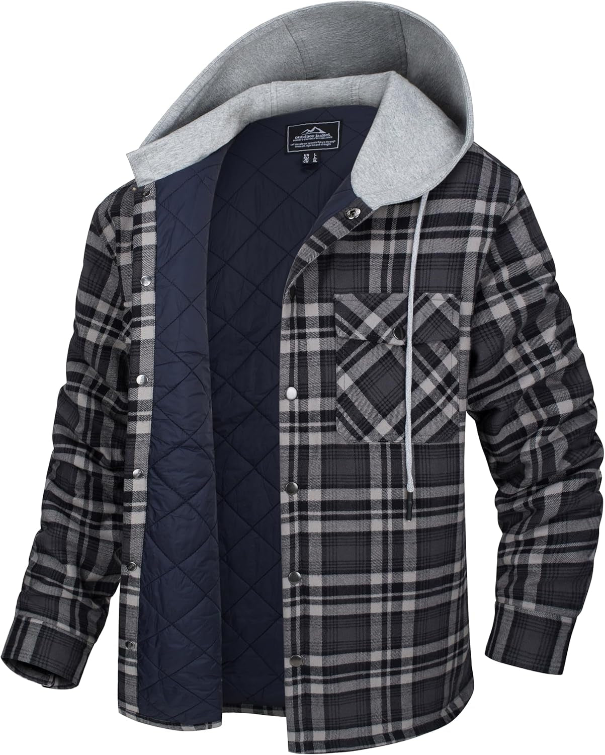 Men'S Quilted Lined Flannel Hoodie Jacket Cotton Button down Shirt Jacket Long Sleeve Plaid Shirt Shacket