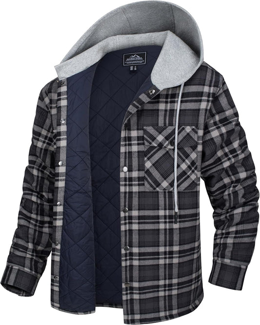 Men'S Quilted Lined Flannel Hoodie Jacket Cotton Button down Shirt Jacket Long Sleeve Plaid Shirt Shacket