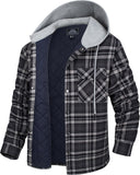 Men'S Quilted Lined Flannel Hoodie Jacket Cotton Button down Shirt Jacket Long Sleeve Plaid Shirt Shacket