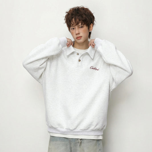 Letter-printed Lapel-button Long-sleeve Hoodie