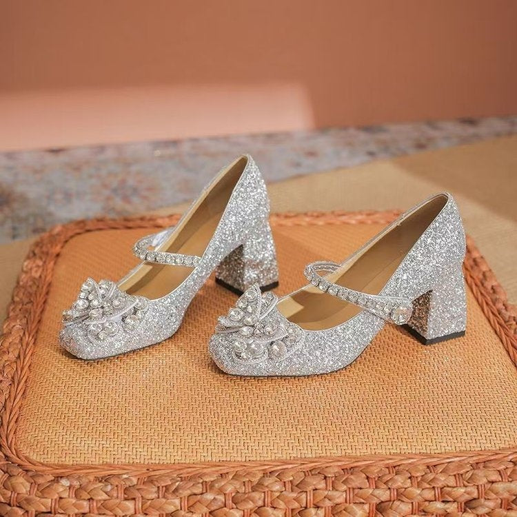 2025 New Champagne Rhinestone Bow Mary Jane Heels Fairy Style Ankle Strap Chunky Heel Pumps