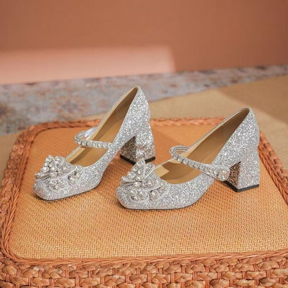 2025 New Champagne Rhinestone Bow Mary Jane Heels Fairy Style Ankle Strap Chunky Heel Pumps